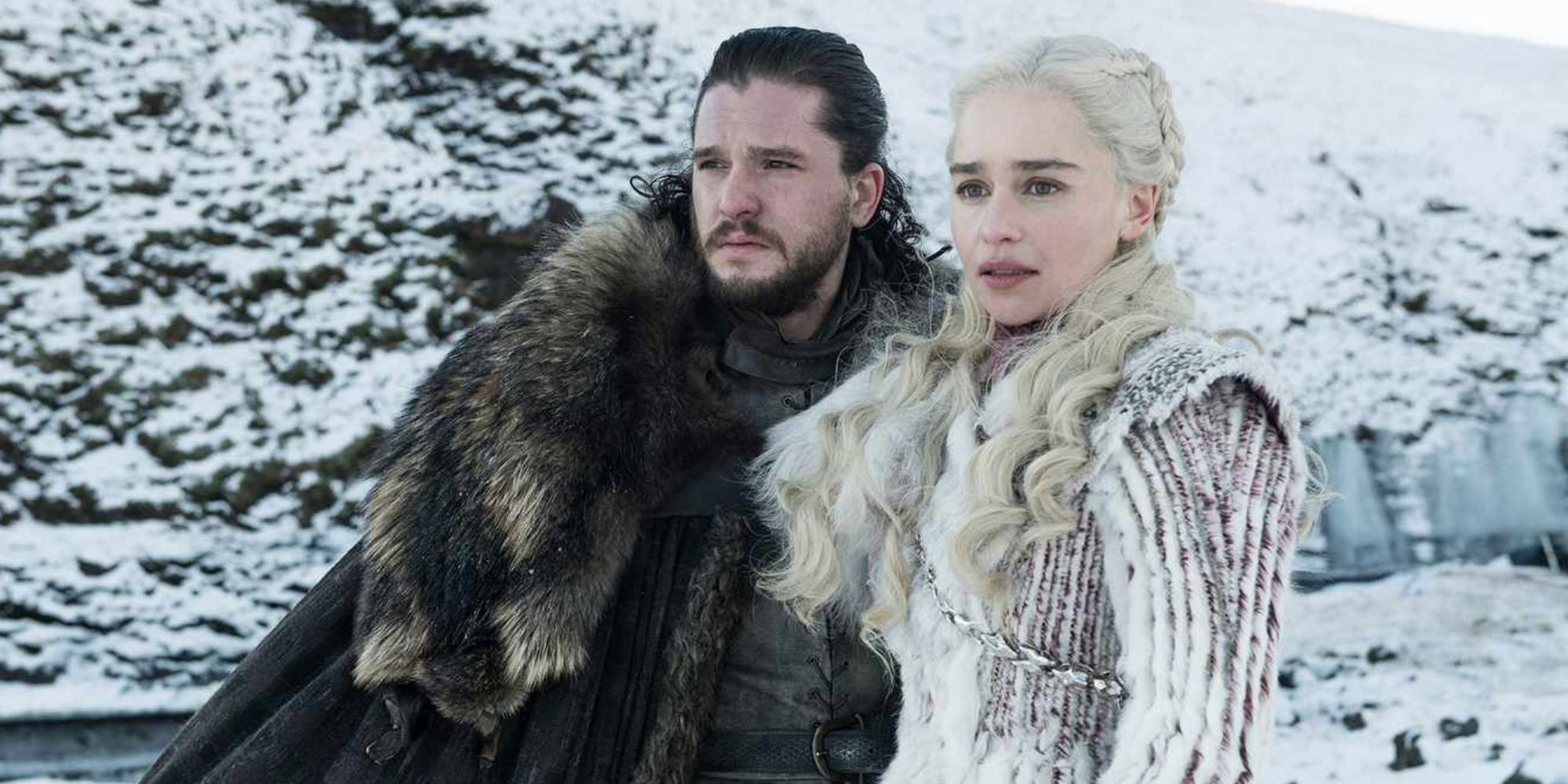 Jon Snow and Daenerys Targaryen standing in the snow in Game of Thrones