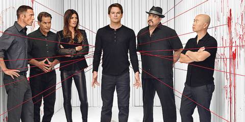 The main cast of Dexter in a white room with red ribbons attached to Dexter