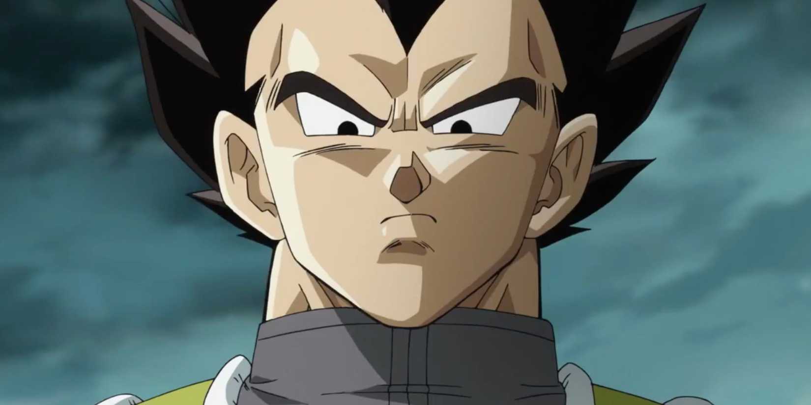 Vegeta looking down angrily during the fight with Frieza in Dragon Ball Super.