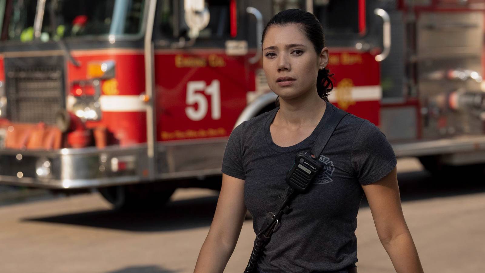 Violet walking away from a fire truck in Chicago Fire season 13