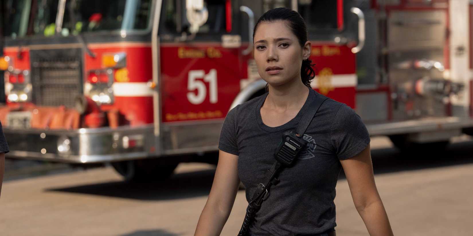 Violet walking away from a fire truck in Chicago Fire season 13