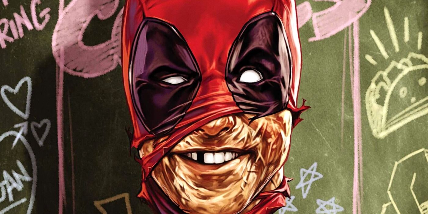 Wade Wilson's half unmasked face smiles to the camera in Deadpool comic cover variant