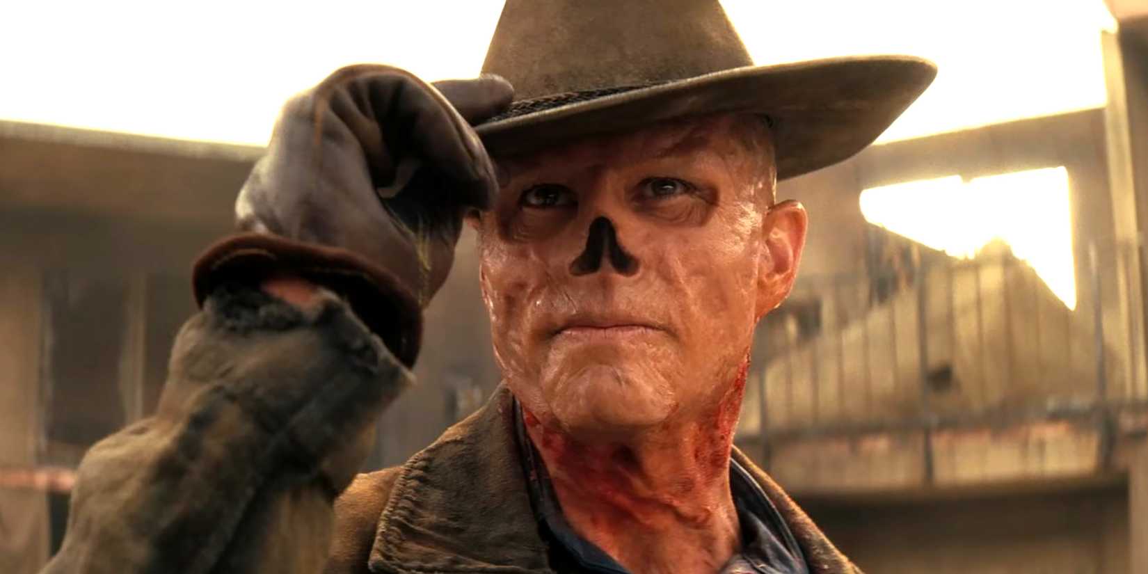 Walton Goggins as The Ghoul nodding with his hat in Fallout season 2