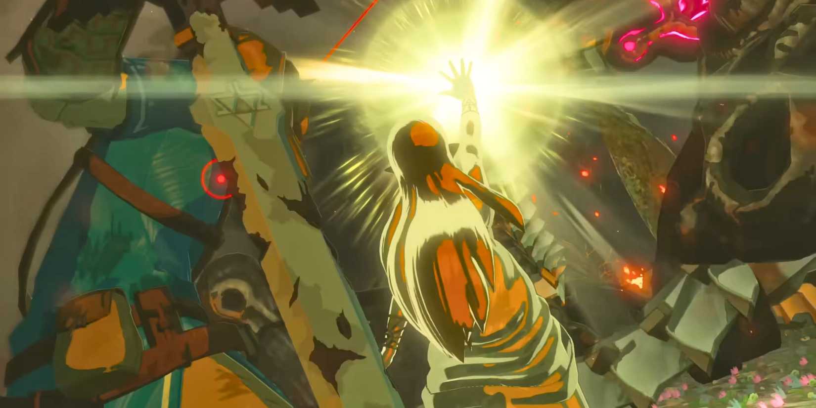 Zelda raising her hand with a light shining from it while Link appears in the foreground holding the Master Sword in The Legend of Zelda Breath of the Wild  BOTW