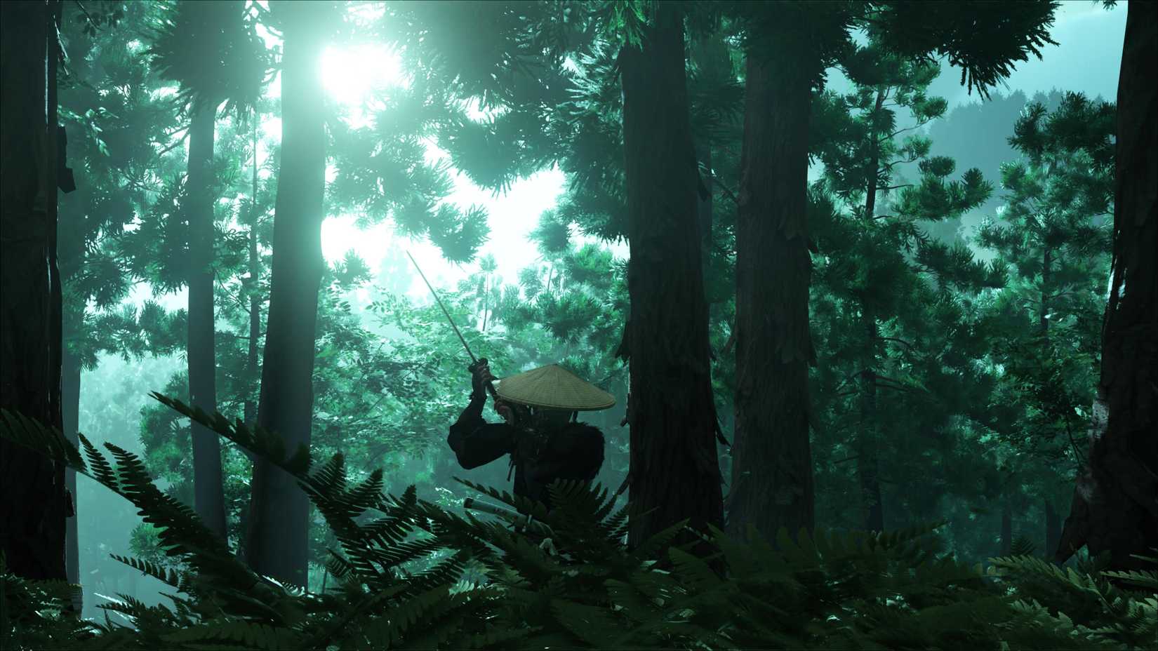Atsu holding her katana up in a forest, with moonlight peaking through the trees above. Atsu's lower half is obscured by shrubs in the foreground.