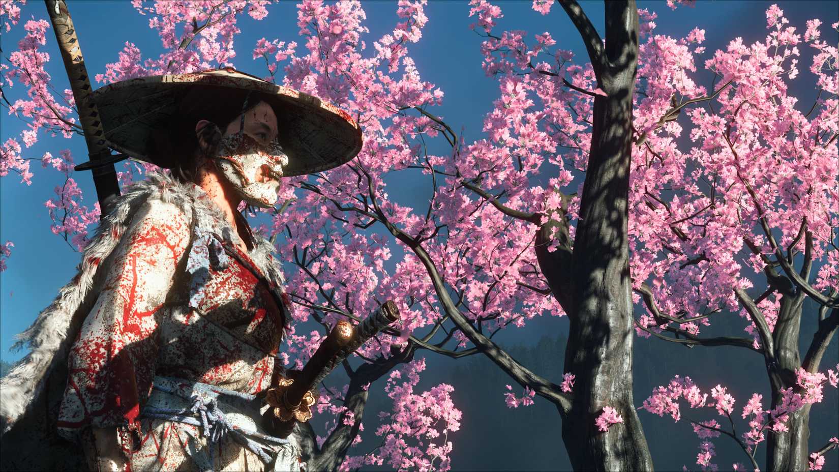 Atsu in profile, covered in blood under bright pink cherry blossoms.