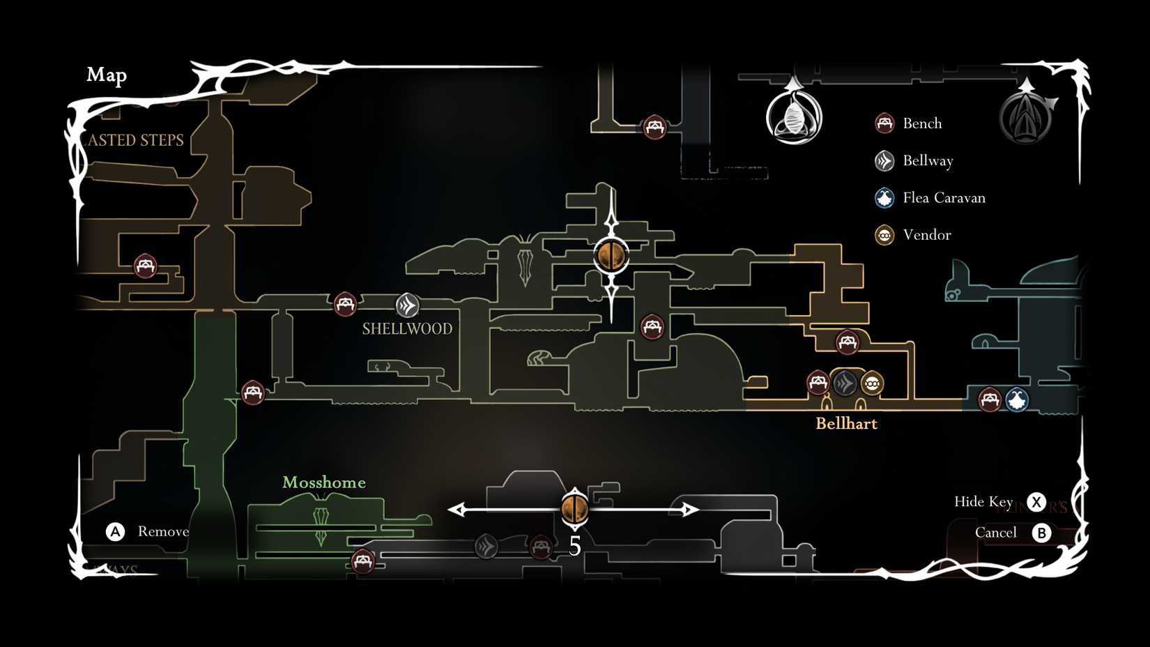 The location of Sister Splinter marked on the Hollow Knight: Silksong map