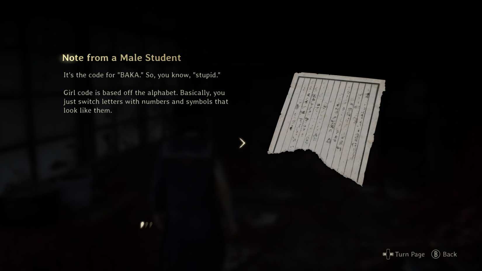A note explaining that girl code substitutes letters with numbers and symbols in Silent Hill f