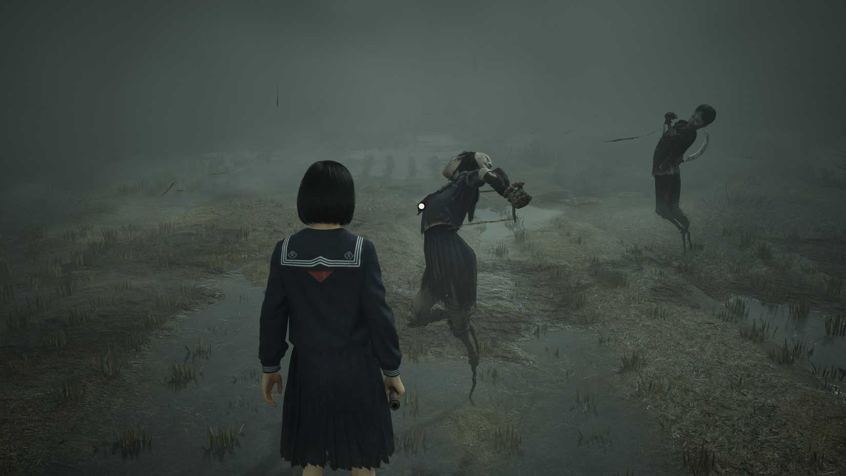 A smiling scarecrow with a sad mask on the back of her head in Silent Hill f