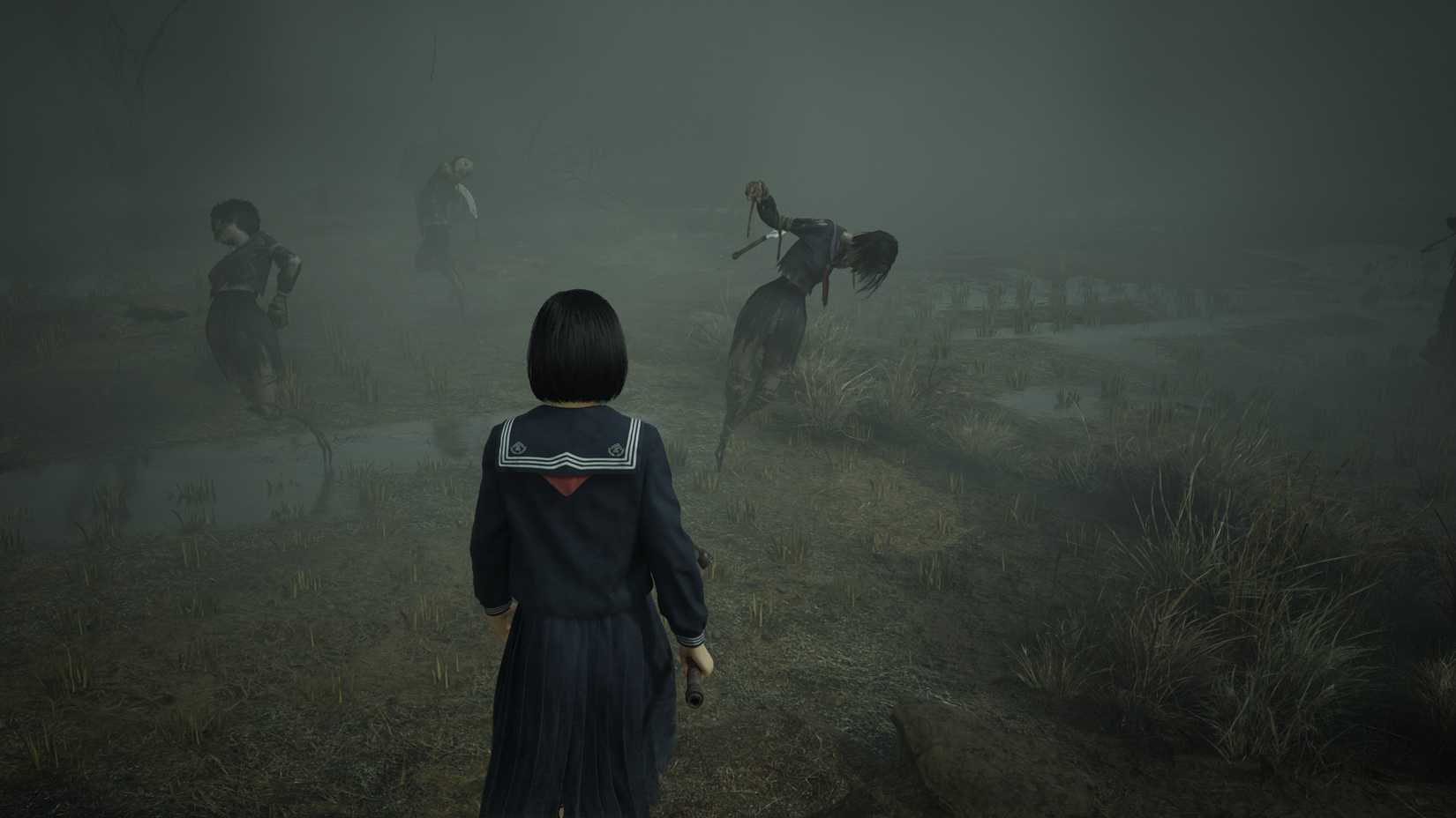 A backstabbed scarecrow next to two others in Silent Hill f