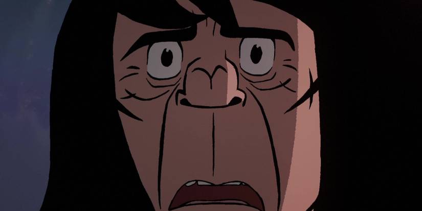 Personagem com expressão de choque na série Primal