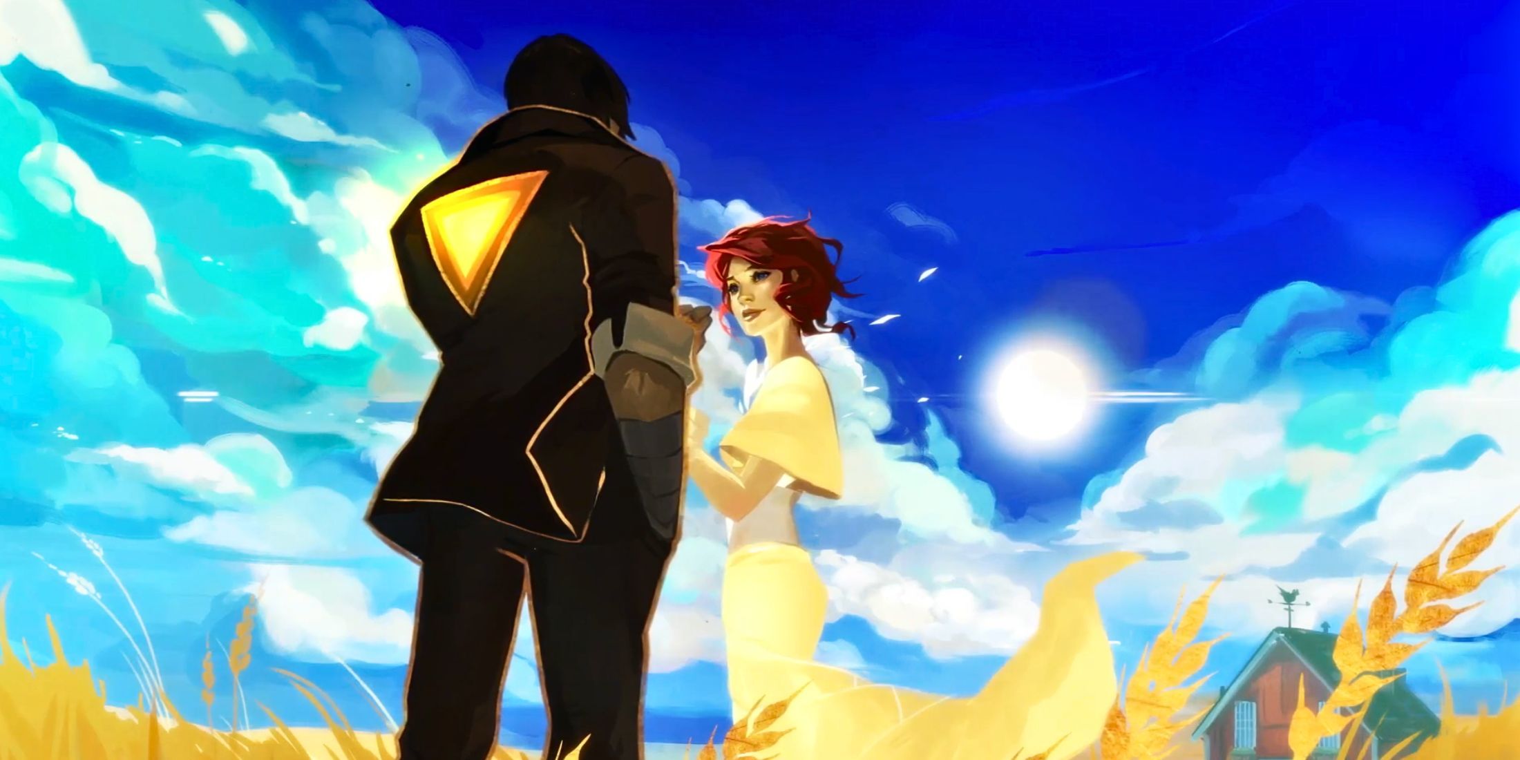 Un uomo con un grande triangolo dorato sulla schiena guarda una donna dai capelli rossi in un campo di grano in Transistor