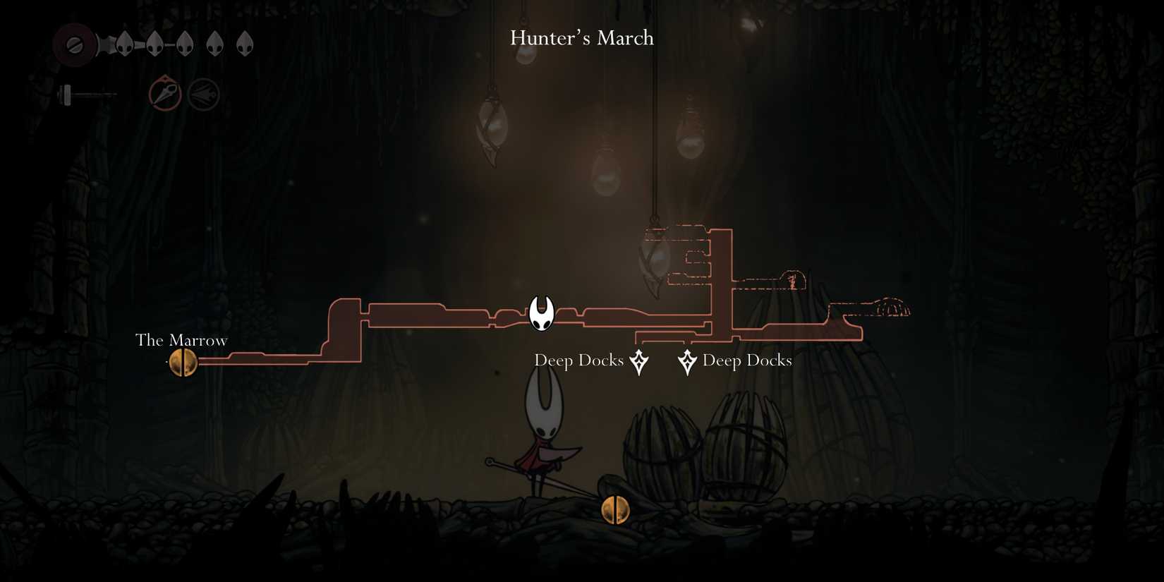 A map in Hollow Knight Silksong showing Shakra's approximate location in Hunter's March.