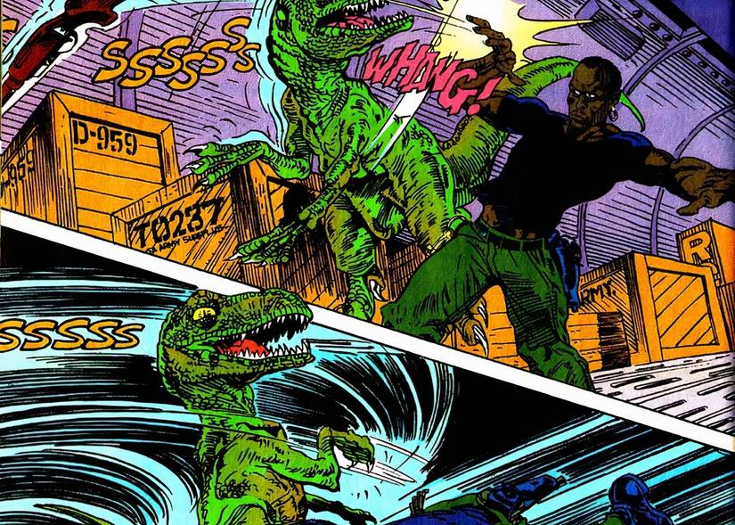 A raptor fighting a man aboard a helicopter surrounded by crates.