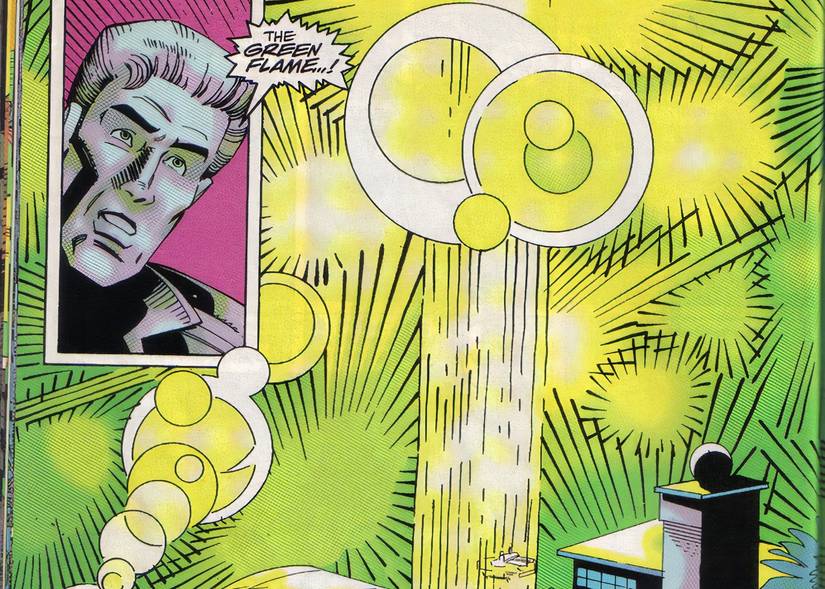 A soldier looking at a giant green explosion in Jurassic Park.