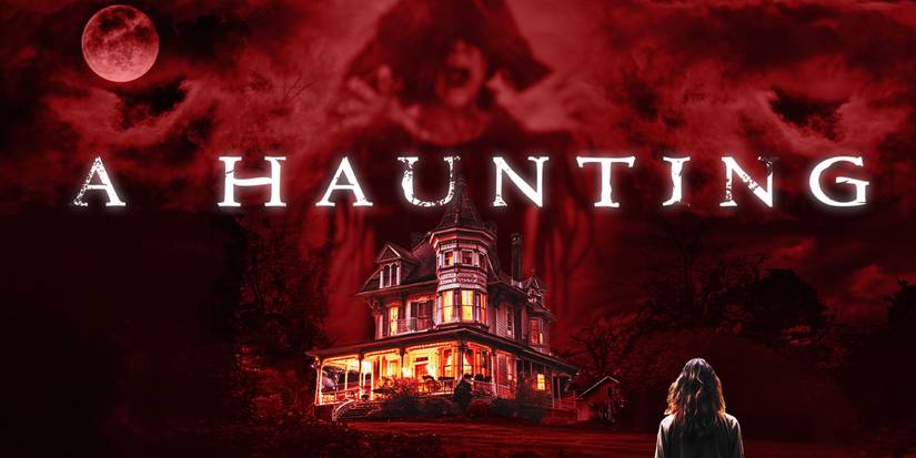 A woman looks at a haunted house with a ghost above it in A Haunting