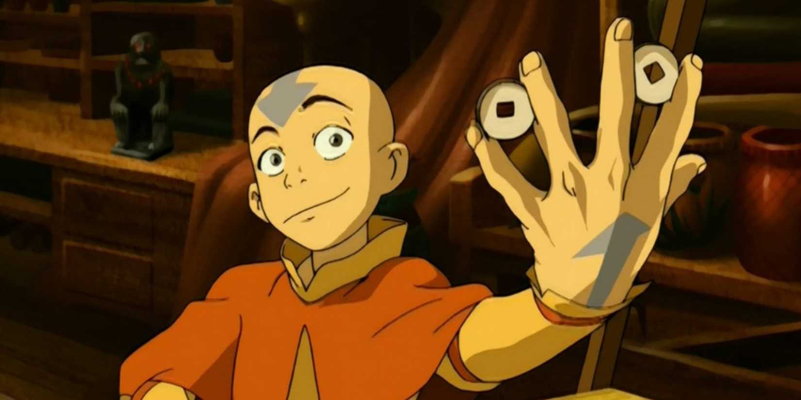 Aang grinning and holding coins in Avatar The Last Airbender