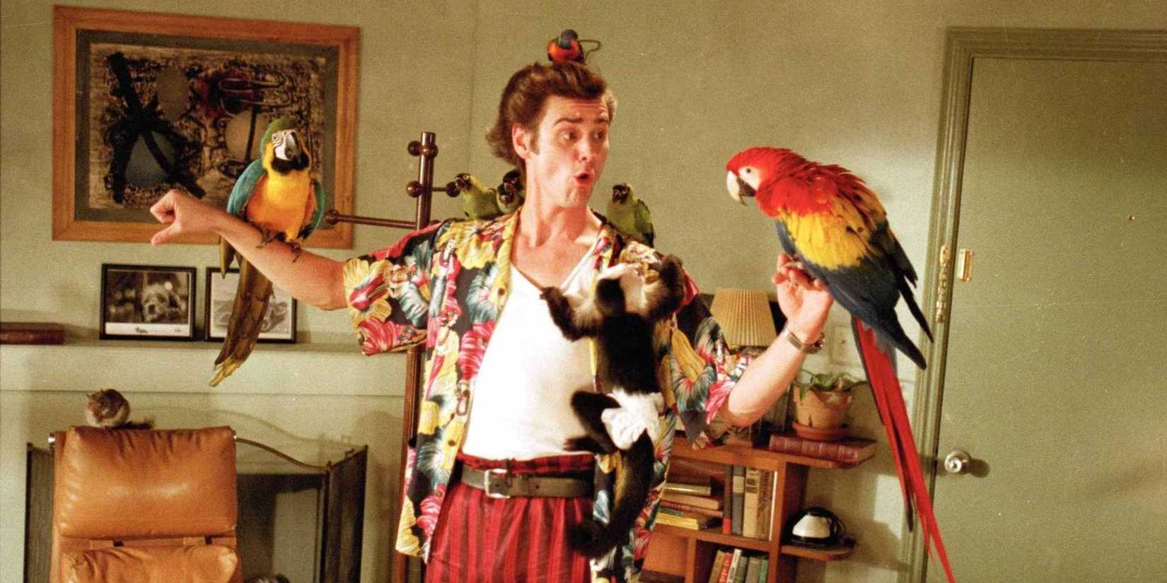 Ace segura vários animais em seu corpo em Ace Ventura: Pet Detective.