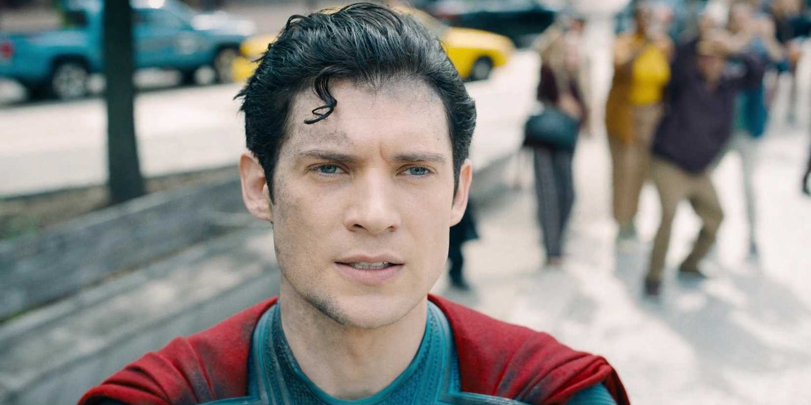 David Corenswet's Superman looking disappointed in the DC movie