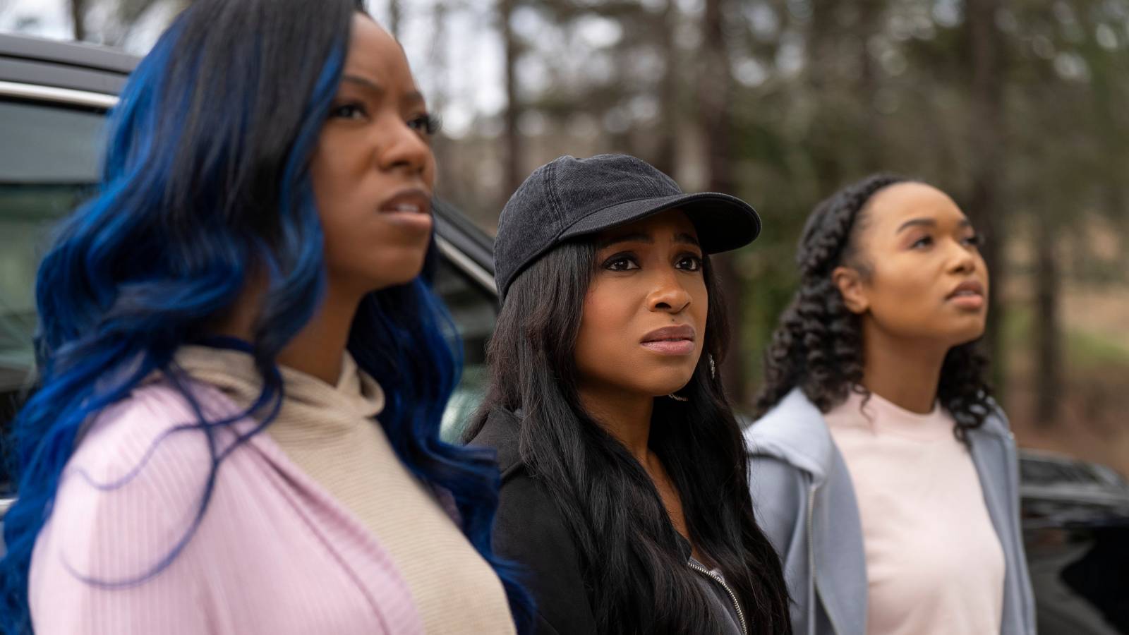 Amber Reign Smith as Rain, Taylor Polidore Williams as Kimmie, Bailey Tippen as Sylvie in Beauty in Black season 2