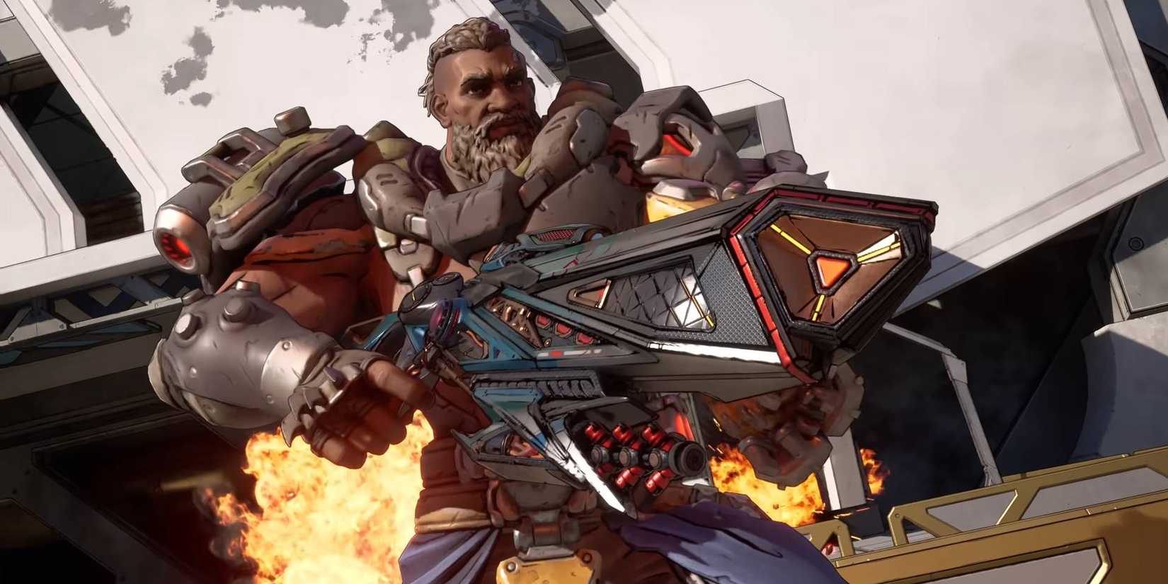 Amon portando uma arma grande e robusta em Borderlands 4