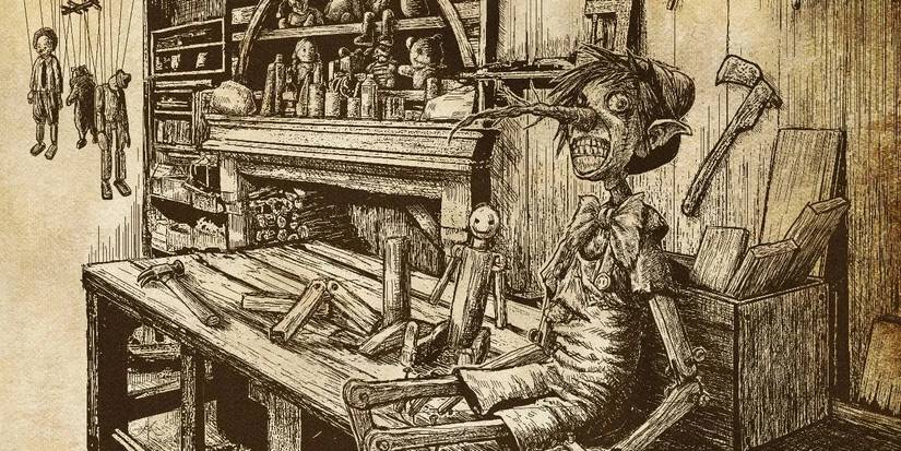An illustration of the Twisted Childhood Universe's Pinocchio sitting on a workbench