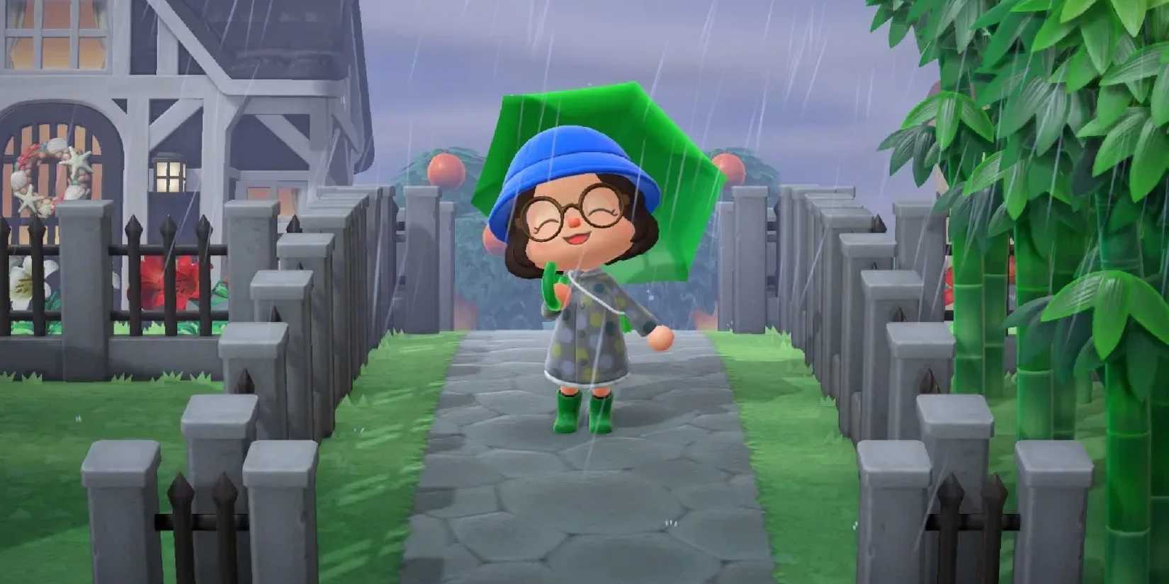Animal crossing character holding an umbrella and smiling in the rain