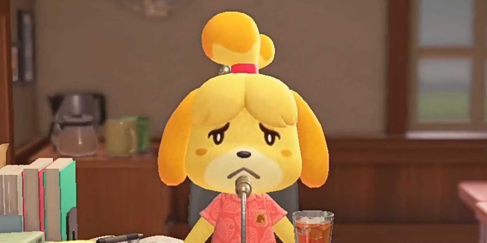Isabelle looks sad as she makes a presentation in Animal Crossing: New Horizons.