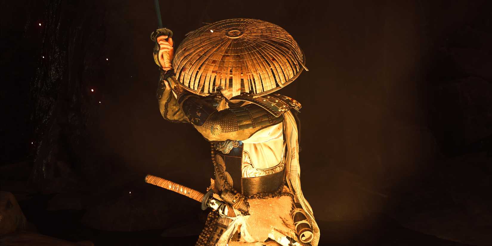 Atsu segurando sua katana iluminada pelo fogo
