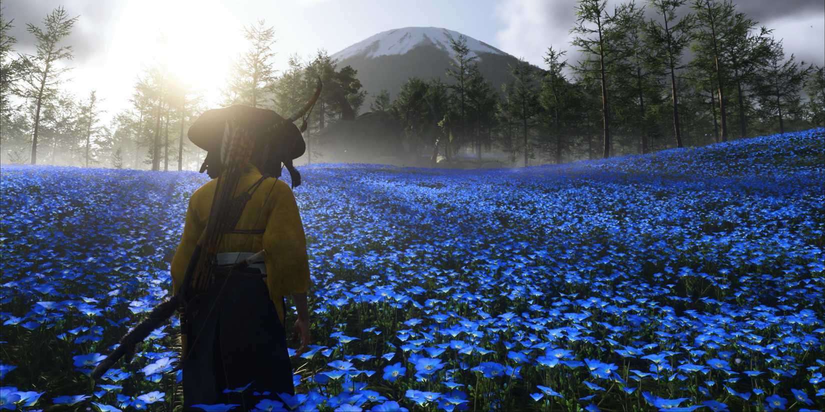 Atsu standing in a field of blue flowers in Ghost of Yotei.