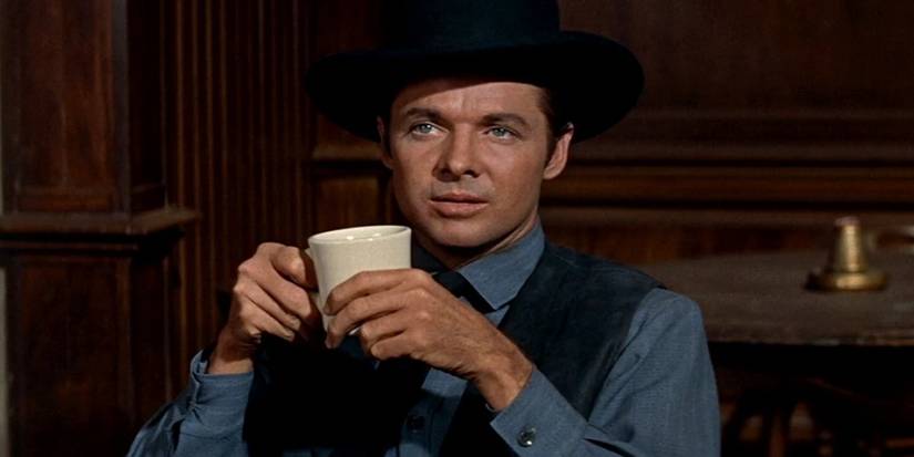 Audie Murphy drinks coffee in No Name on the Bullet