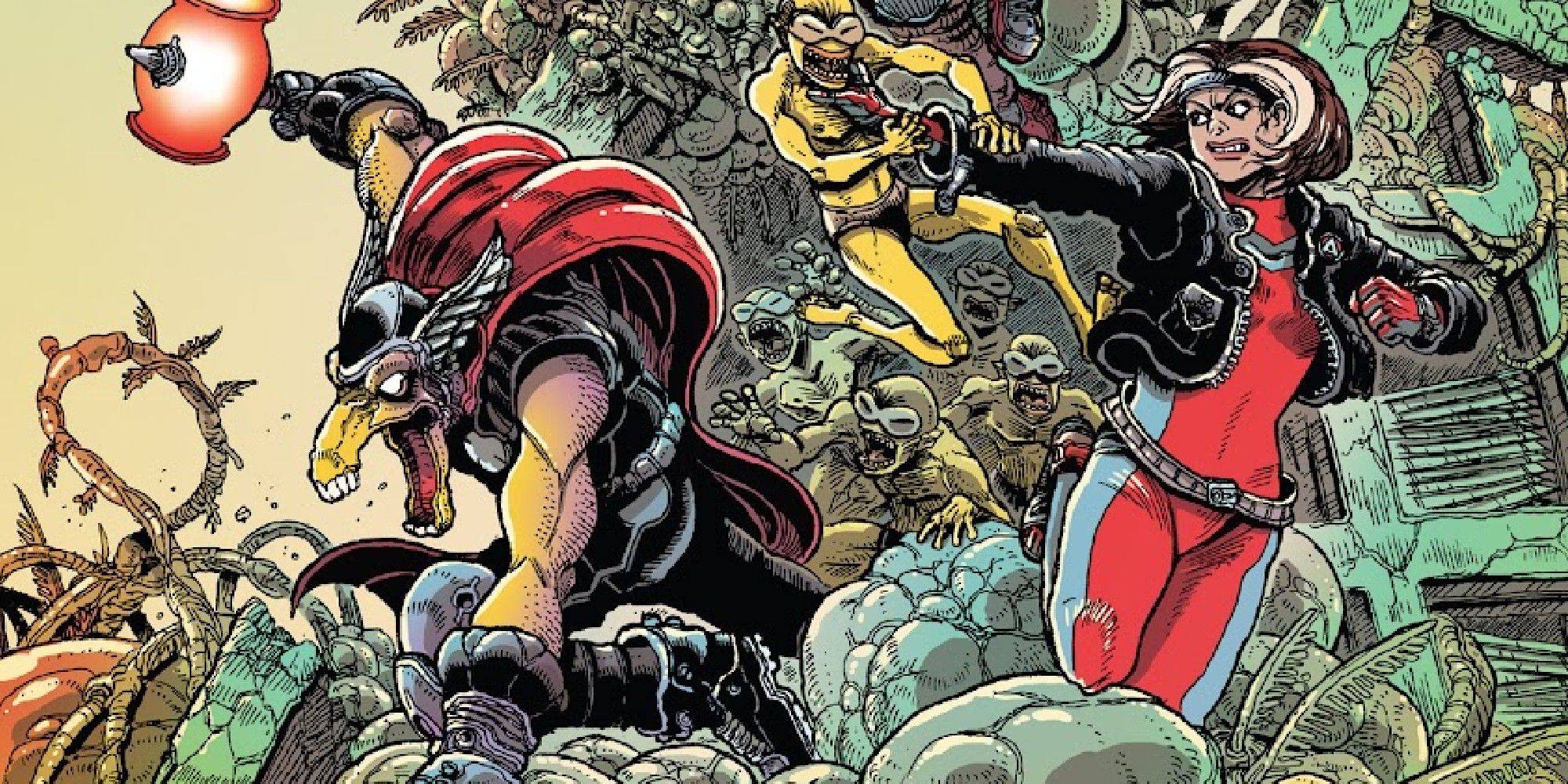 arte dell'anniversario dei 100 anni degli Avengers con Beta Ray Bill e Rogue