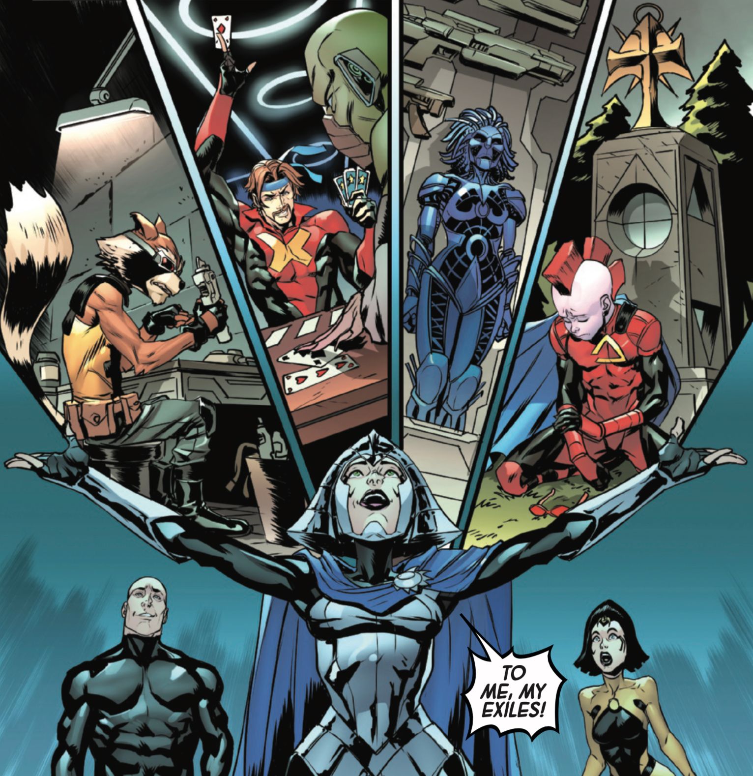 Lilandra e Xavier con Rocket Raccoon e altri membri del team