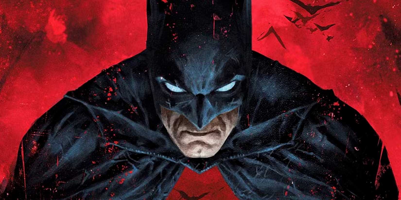 Batman looms over Gotham on a red background in Detective Comics #1084 cover