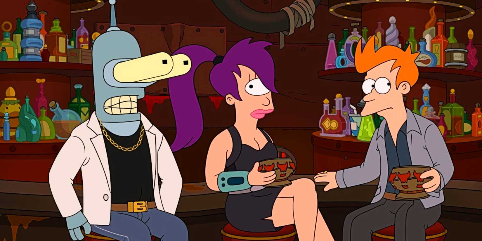 Bender with his eyes bugging out sitting next to Leela and Fry at a bar in Futurama Season 13