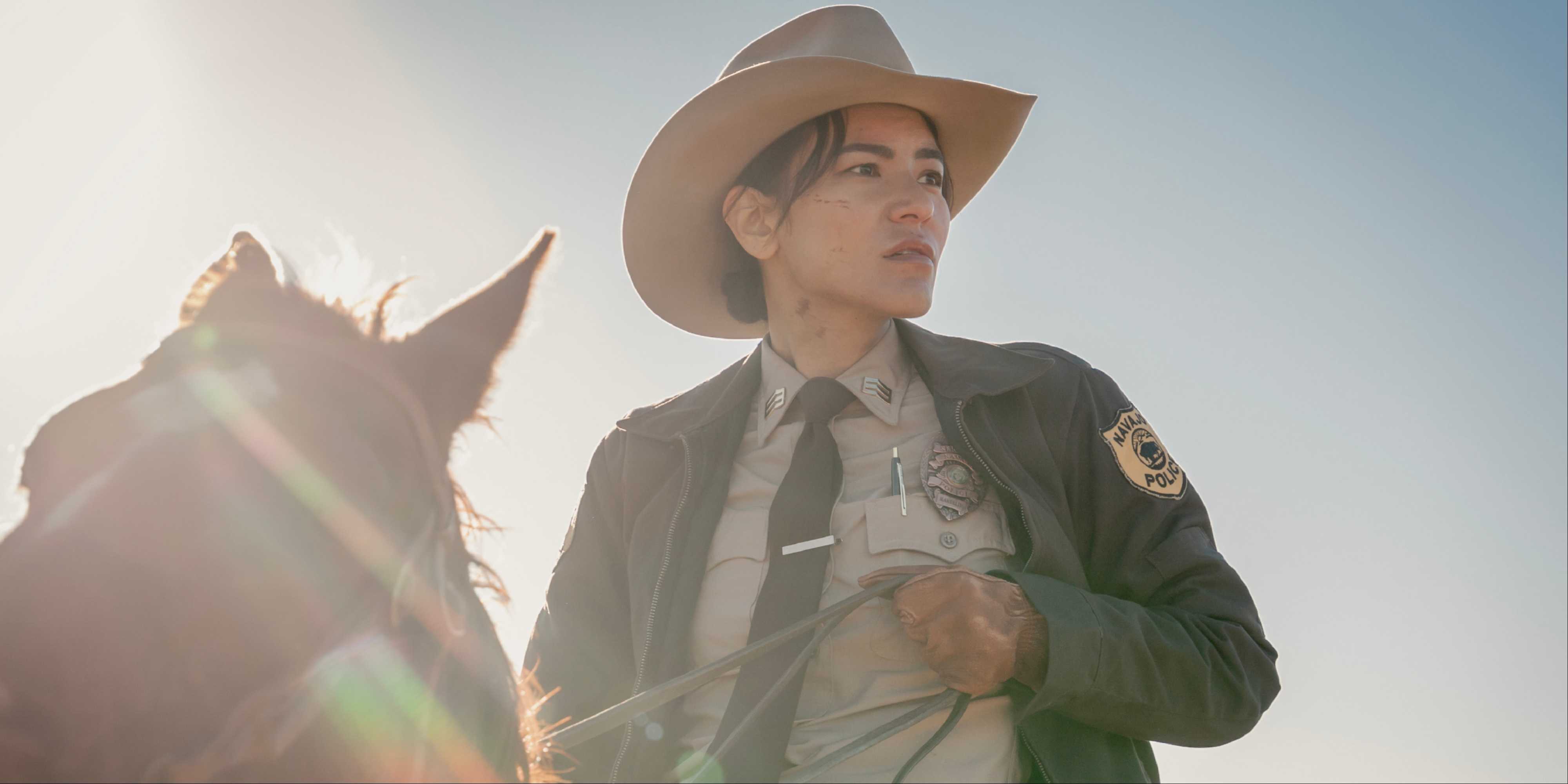 Bernadette Manuelito (Jessica Matten) on horseback in Netflix's Dark Winds