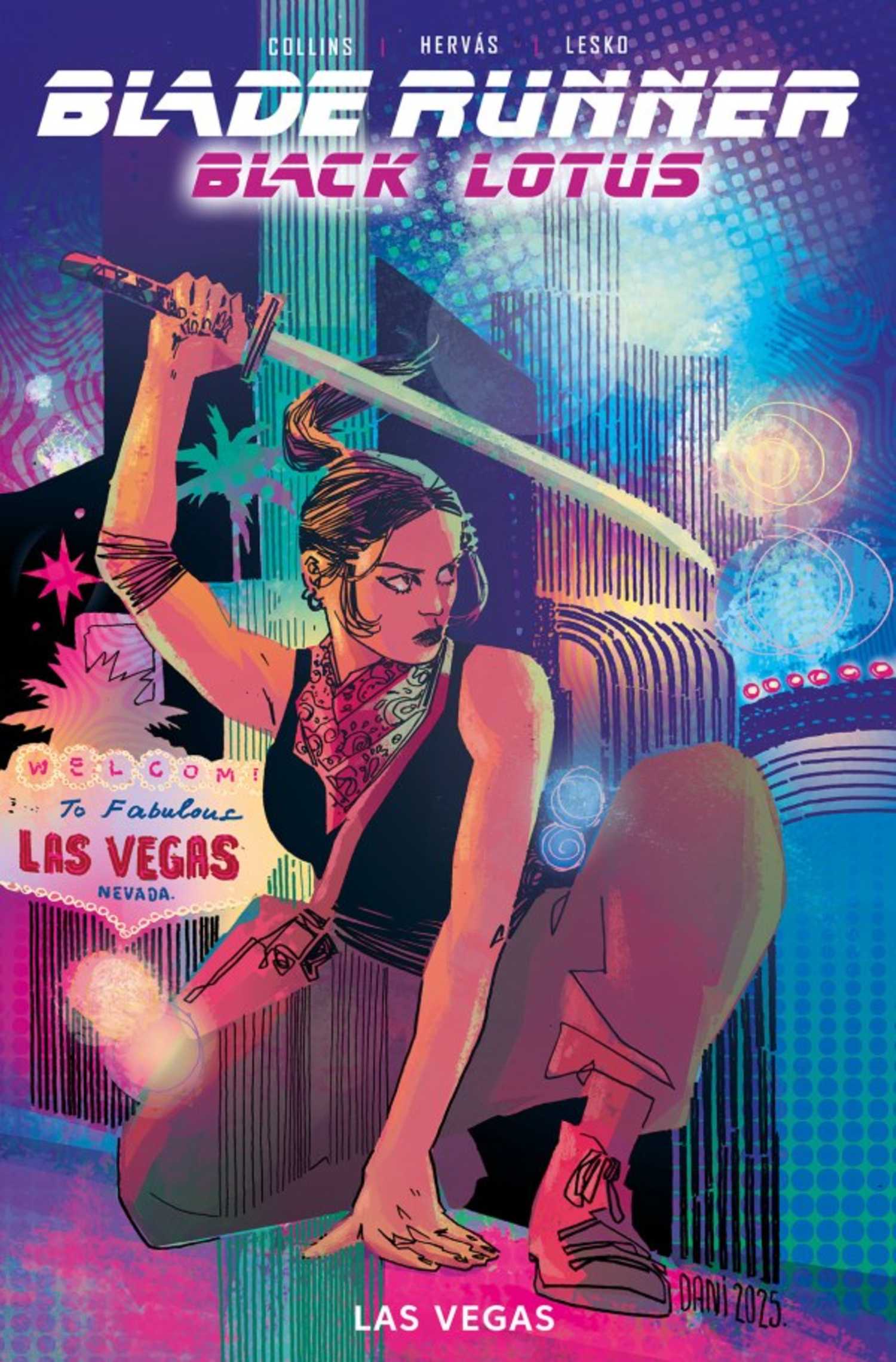 Black Lotus Las Vegas #1 cover, Elle holding a sword against a Vegas backdrop