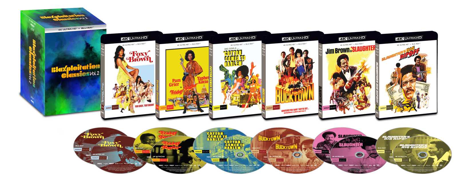 A promitional image showing the case art for Shout Factory's Blaxploitation Volumes 1 and 2