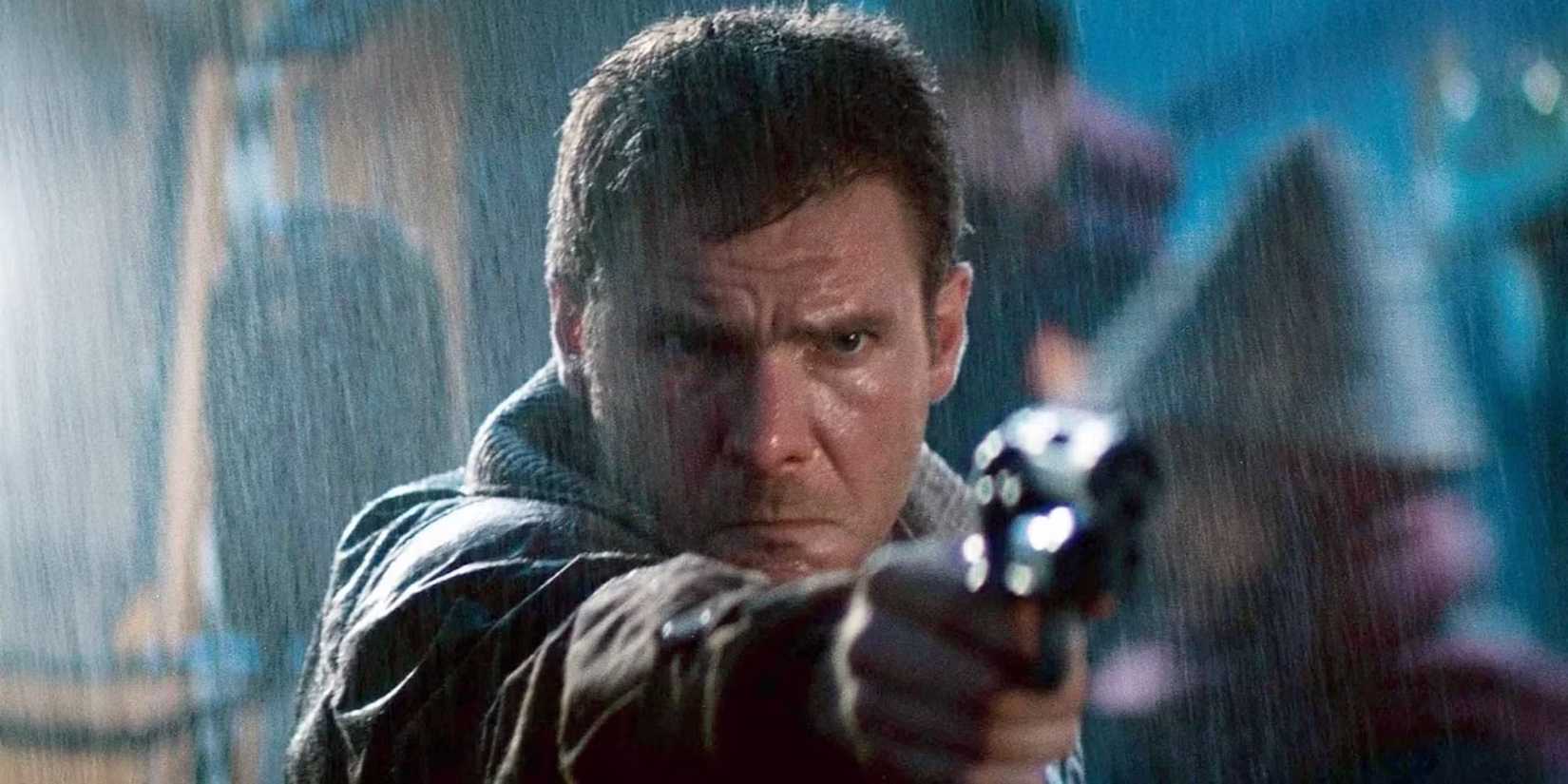 Blade Runner, Rick Deckard apontando sua arma na chuva