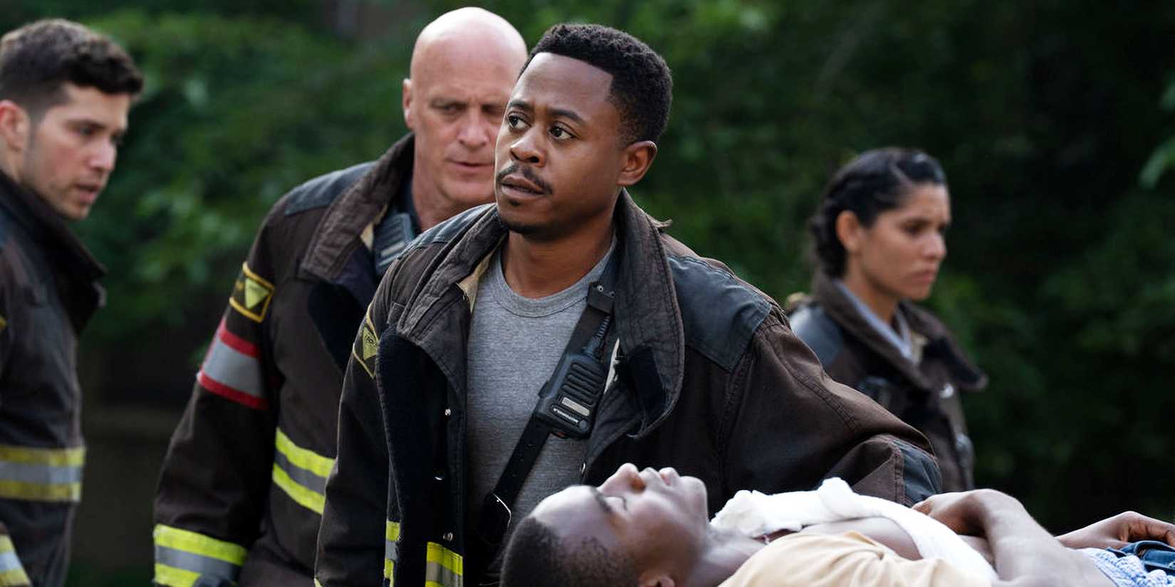 Brandon Larracuente as Sal Vasquez, Randy Flager as Harold Capp, Daniel Kyri as Darren Ritter, and Miranda Rae Mayo as Stella Kidd in Chicago Fire season 14, episode 1