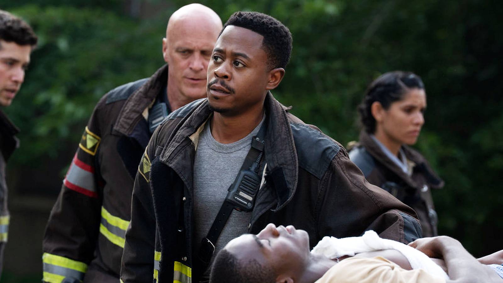Brandon Larracuente as Sal Vasquez, Randy Flager as Harold Capp, Daniel Kyri as Darren Ritter, and Miranda Rae Mayo as Stella Kidd in Chicago Fire season 14, episode 1