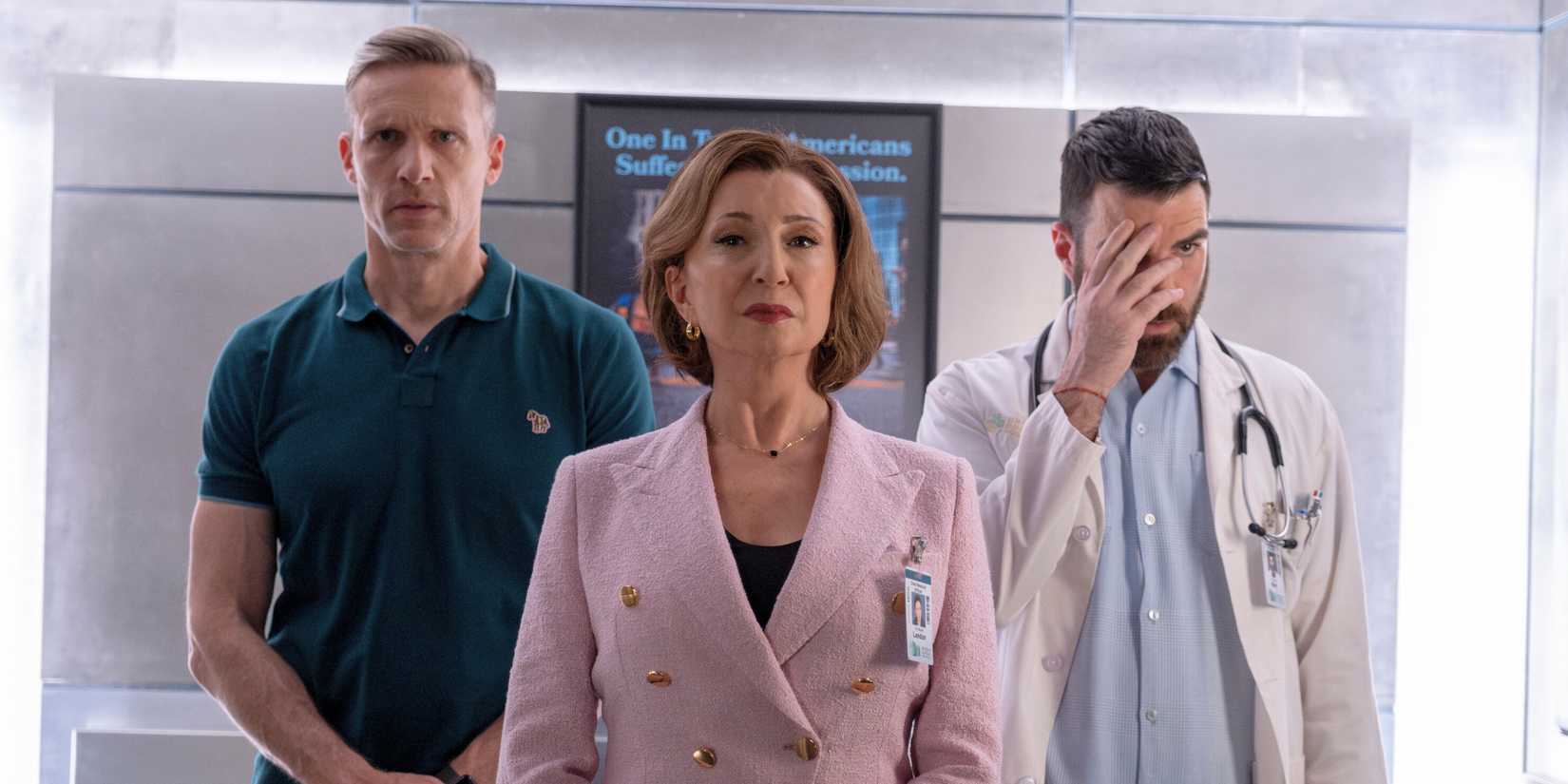 Teddy Sears as Dr. Josh Nichols, Donna Murphy as Dr. Muriel Landon, and Zachary Quinto as Dr. Oliver Wolf in Brilliant Minds.