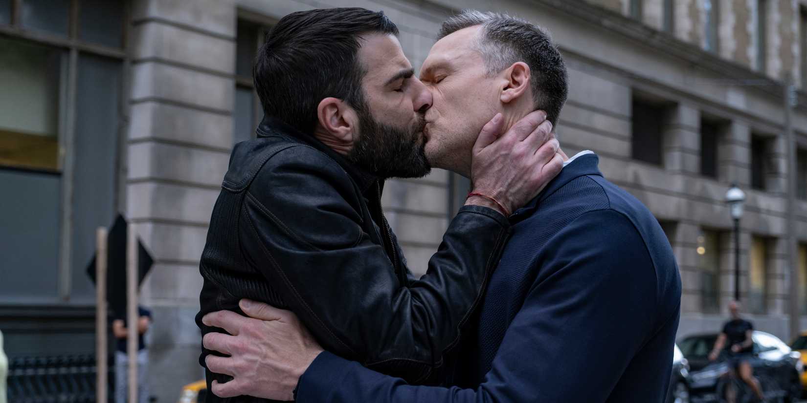 Zachary Quinto's Oliver Wolf and Teddy Sears' Josh Nichols kissing in Brilliant Minds.