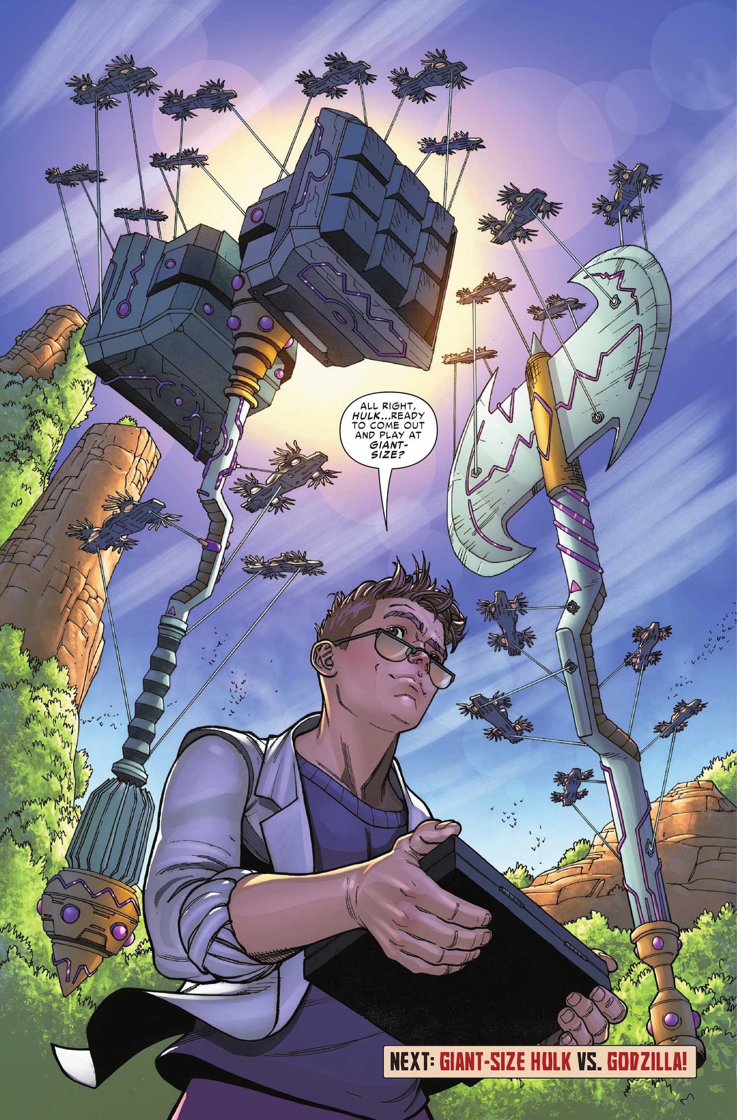 Bruce Banner Looking at Vibranium Weapons Marvel