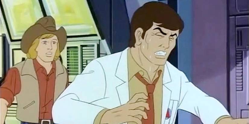 Bruce beginning to transform in front of Rick Jones in The Incredible Hulk 1982 animated series 