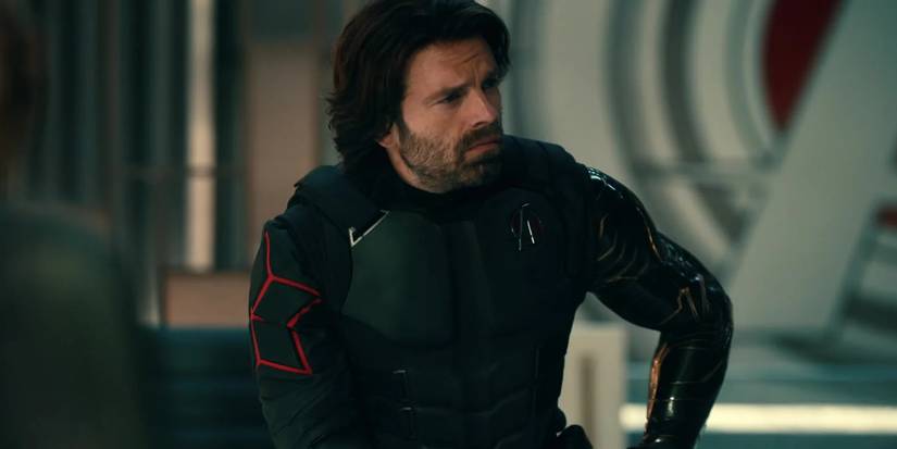 Bucky sat down and looking off-screen in the post-credits scenes of Thunderbolts