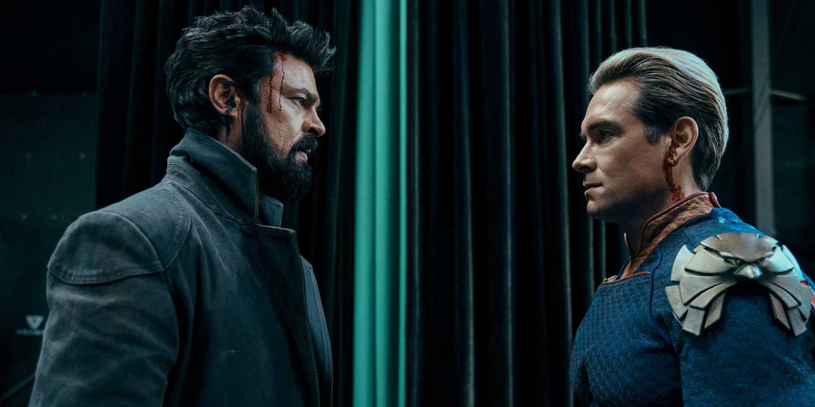 Butcher (Karl Urban) and Homelander (Anthony Starr) looking intensely at one another in The Boys