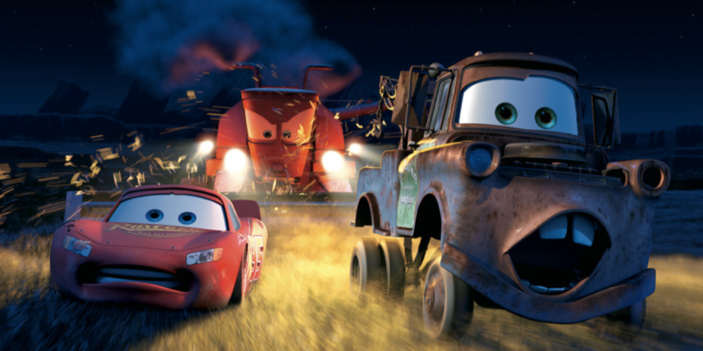 Mater and McQueen run from Frank the harvester in Cars