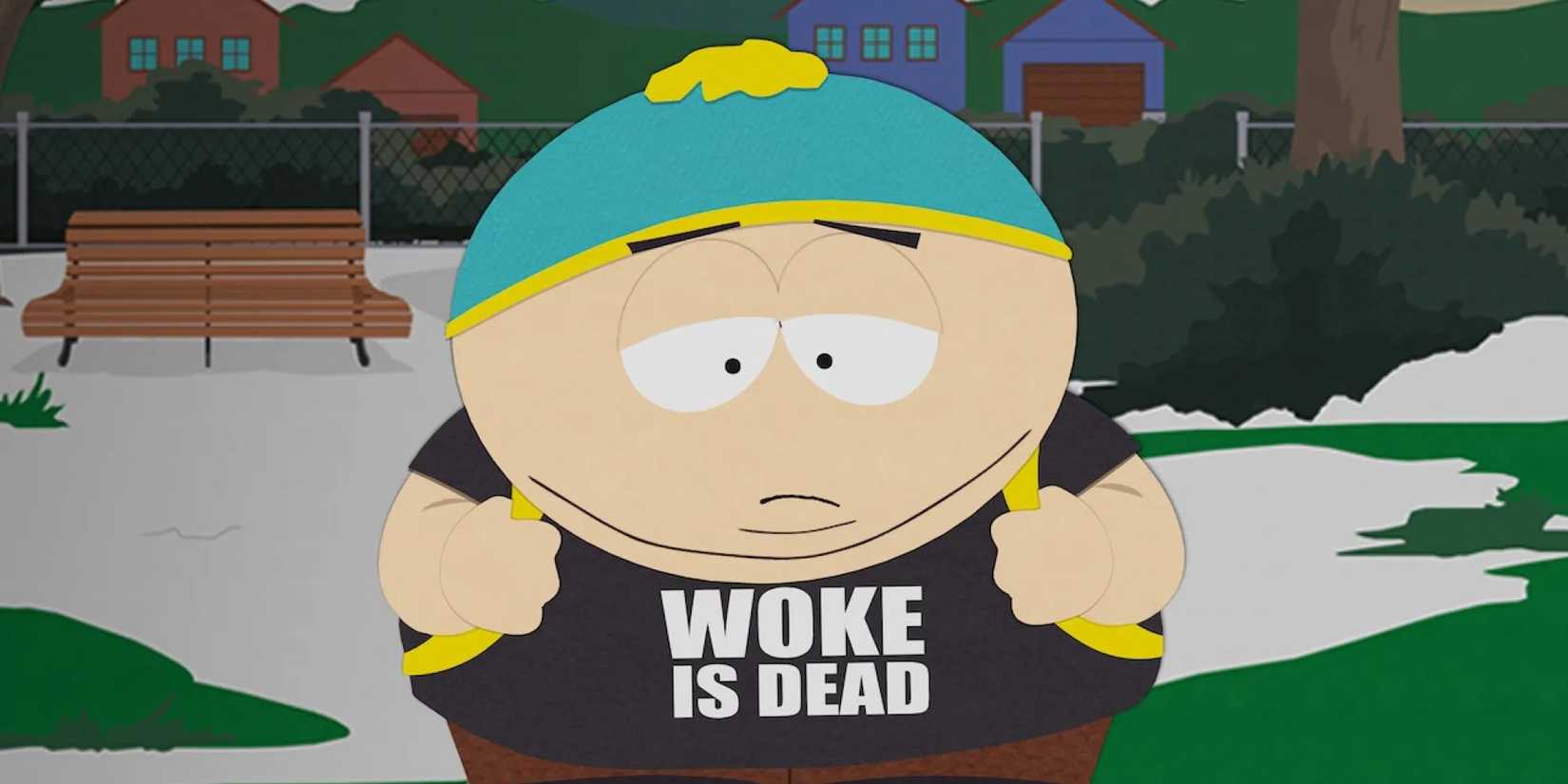 Cartman looks sad wearing a Woke is Dead t shirt on South Park season 27