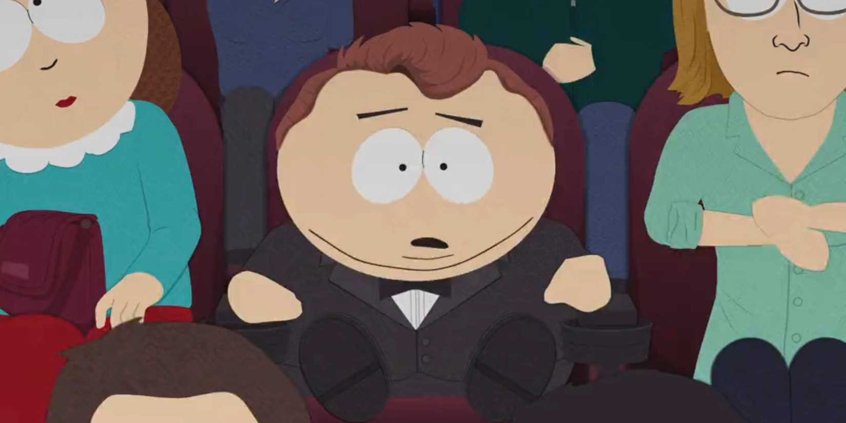 Cartman parodying Charlie Kirk looking shocked in South Park season 27 episode 2